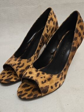 Rampage Leopard-Print Open-Toe Pumps in Tan and Brown Sz 6.5